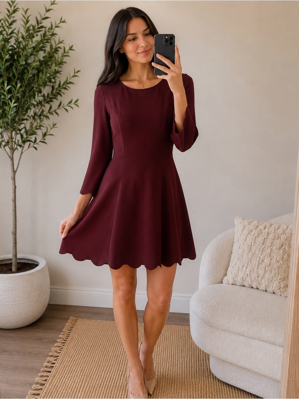 Lulus Burgundy Scalloped Hem Fit & Flare Dress XS Bell Sleeve